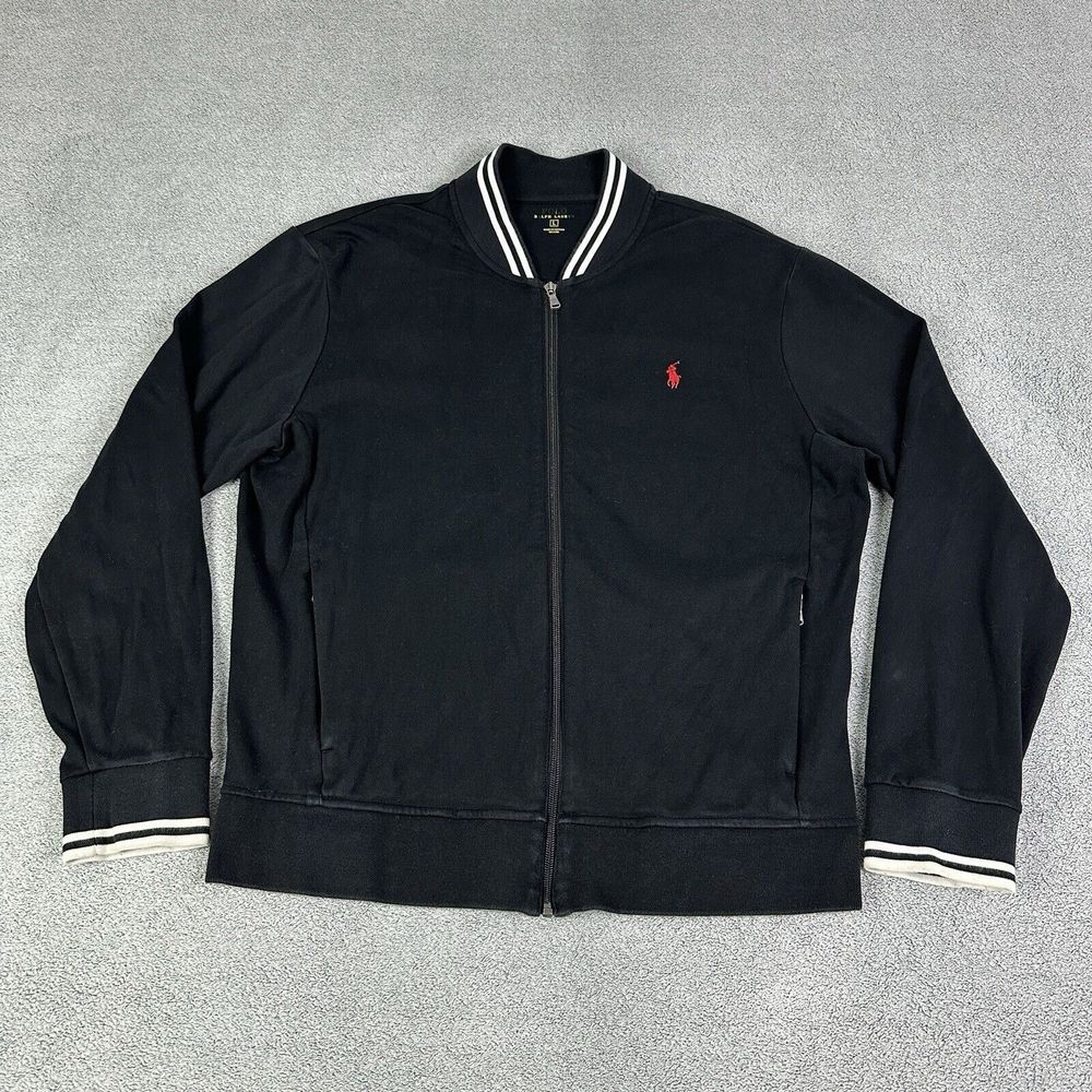 Polo Ralph Lauren Track Jacket Mens Large Double Knit Black Full Zip Red Pony - Picture 2 of 13